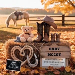 Country Baby Reveal Western Pregnancy Announcement Social Media Post Our First Rodeo Template Farm Baby Announcement Gender Neutral TM4924
