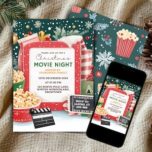 Christmas Movie Night Invitation Editable Template Winter Wonderland Outdoor Movie Party Invitation Red and Green Holiday Movie Party VE4390