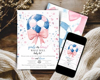 Bewerkbare doelen of strikken Gender Reveal-uitnodiging Hij of zij nodigt uit voor voetbal of strikken Gender Reveal-uitnodiging Instant babyonthulling downloaden GF1392