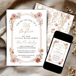 Wildflowers Christening Invite Editable Baptism Card Spring Floral Baptism Printable Spring Baptism Invitation Download Customizable FN3699