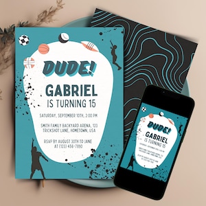 Faire-part numérique pour 15 ans mec, invitation d'anniversaire sportive parfaite, carte d'anniversaire ado, carte unique d'événement d'anniversaire de 15 ans, VE2306