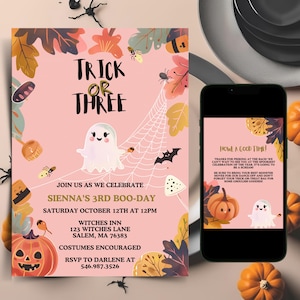 Trick Or Three Invitation, Spooky Birthday Cards, Editable, Halloween 3rd Birthday Invitation, Halloween Invitation, Ghost Invitation HG2646