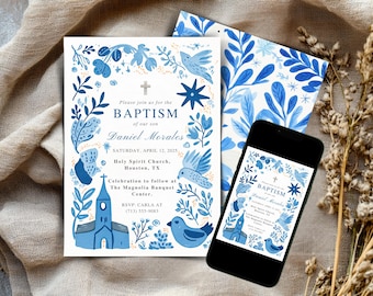 Dusty Blue Baptism Invite Minimalist Baby Boy Baptism Christening Invitation Template Digital Download Digital Baptism Invite for Boy CP1255