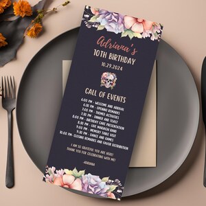 Dia de los Muertos verjaardagsprogrammakaart, Mexicaanse suikerschedel verjaardagsuitnodiging kleurrijke bloemen Dag van de Doden-feestkaart bewerkbare VN5917