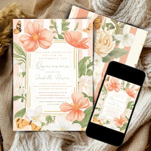 Pink and Gold Quinceañera Invite Princess Dress Editable Butterfly Template Printable Mis Quince Años Editable Pink Floral Invite ZL6189