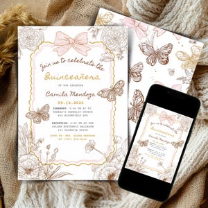 Editable Invitation Quinceanera Pink And Gold Blush Butterfly Invitation Digital 15 Anos Card Elegant Pink Flowers Editable Sweet ZL6189