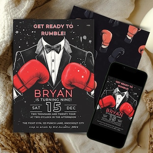 Convite para festa de boxe editável Convite para festa de boxe Convite para aniversário de nocaute Convite digital para impressão Convite para aniversário de boxe editável JG0403