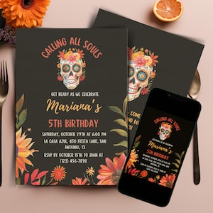 Dia de los Muertos 5th Birthday, Colorful Skull Birthday Invite Fiesta Invitation Kids Fiesta Themed Invitation Autumn Birthday Party VO8356