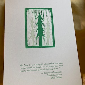 Letterpress Ent linoblock print Tolkien Silmarillion quote image 1