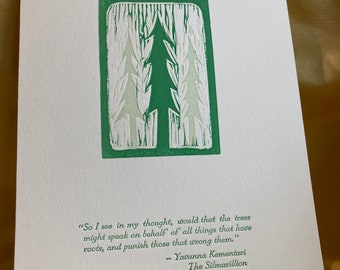 Letterpress Ent linoblock print Tolkien Silmarillion quote