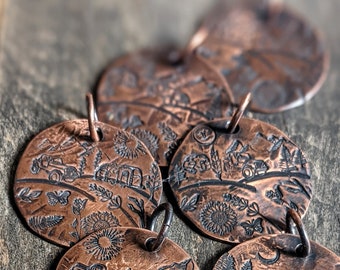 Mountain Camping Adventure hand stamped and hammer textured scene on copper pendant