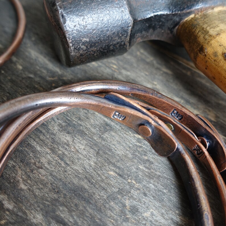 Thick Copper Wire Riveted Bangle Antiqued