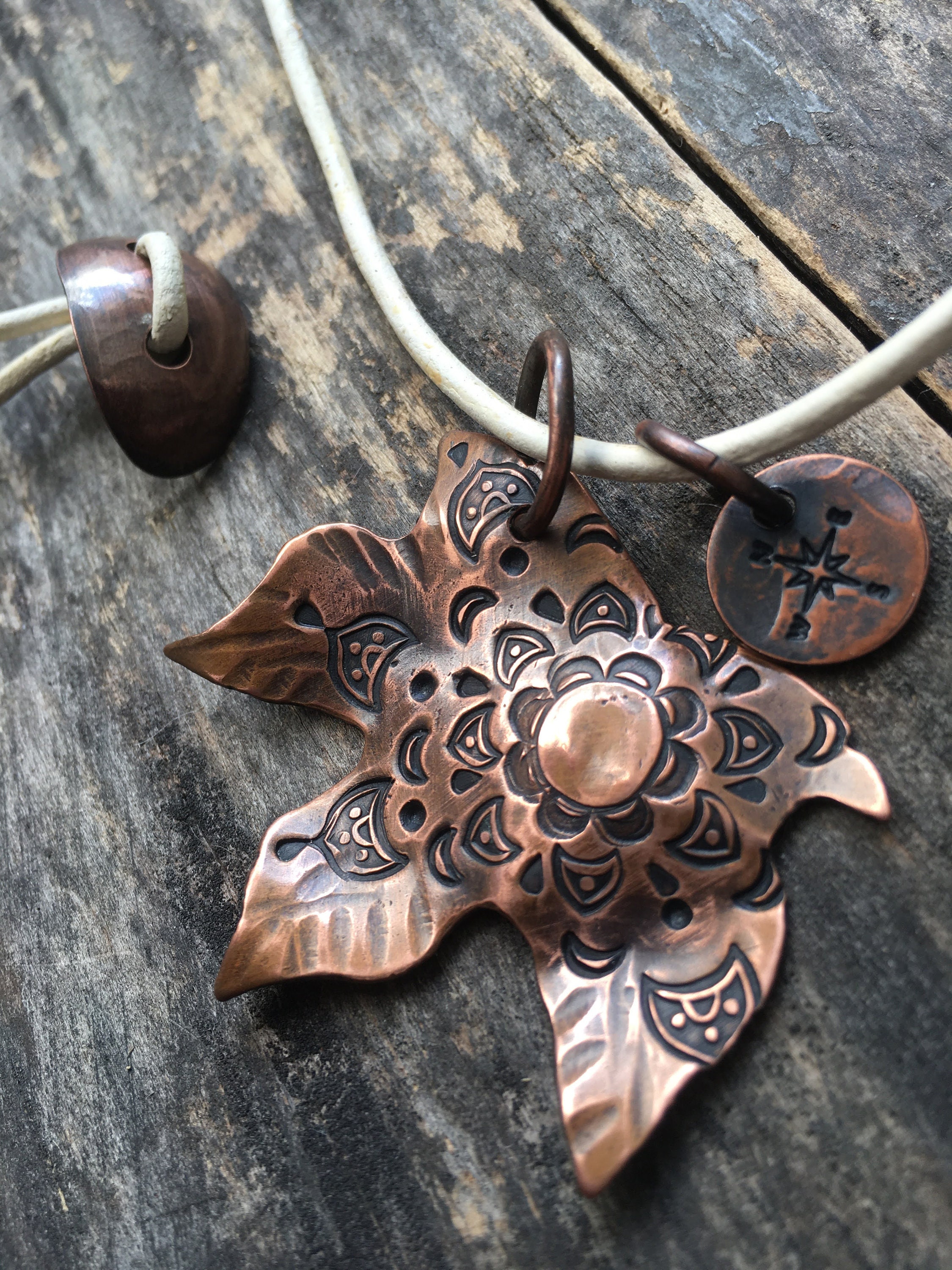 Mandala Inspired Stamp Maple Leaf Copper Pendant Leather - Etsy
