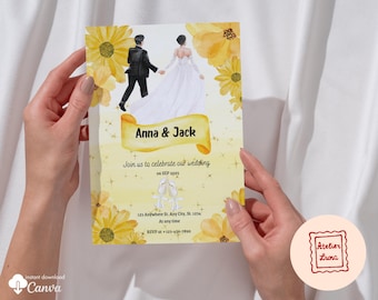 Floral Yellow Wedding Party Invitation Template, Editable Canva Invite (Digital Download) - Instant download
