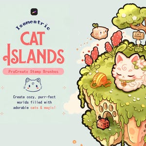Pode incluir: Ilustração digital de pincéis de carimbo ProCreate Isometric Cat Islands com uma ilha verde flutuante, um gato branco a dormir, um novelo de lã, um brinquedo de peixe, uma árvore e uma placa CAT ZONE, com texto à esquerda.