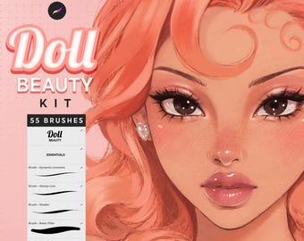 May include: A digital art brush set titled Doll Beauty Kit featuring 55 brushes for Procreate. The graphic displays a stylized illustration of a person with peach-colored hair, heart-shaped earrings, and a list of brush names on a pink background.