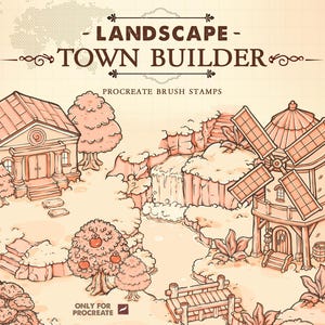 May include: A digital illustration set titled LANDSCAPE TOWN BUILDER PROCREATE BRUSH STAMPS featuring line art of a building, a windmill, trees, a waterfall, and a bridge in a monochromatic peach and brown color palette for use in Procreate.
