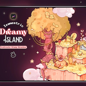 Może przedstawiać: Ekran tabletu cyfrowego z ilustracją pływającej wyspy z dużym drzewem, małymi stworzeniami i marchewkami. Tekst brzmi Isomentric Dreamy ISLAND ProCreate Stamp Brushes. Tło jest ciemnofioletowe z małymi gwiazdkami.
