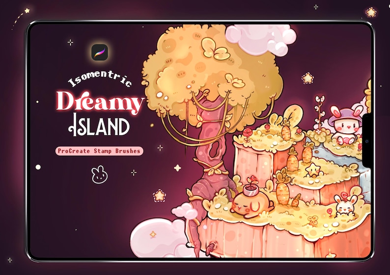 Może przedstawiać: Ekran tabletu cyfrowego z ilustracją pływającej wyspy z dużym drzewem, małymi stworzeniami i marchewkami. Tekst brzmi Isomentric Dreamy ISLAND ProCreate Stamp Brushes. Tło jest ciemnofioletowe z małymi gwiazdkami.