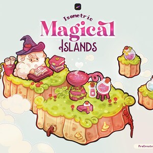 Pode incluir: Ilustração digital intitulada Isometric Magical Islands apresentando massas de terra verdes flutuantes com uma criatura branca e fofa de chapéu roxo lendo um livro, frascos de poção rosa e pilhas de livros. Texto Isometric Magical Islands.