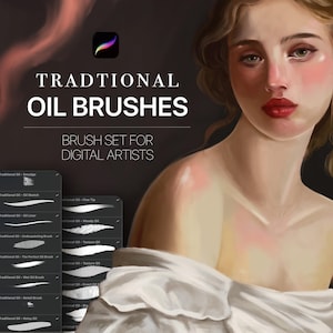 Może przedstawiać: Cyfrowy zestaw pędzli dla artystów zawierający biały rysik oraz menu pociągnięć pędzla z napisem Traditional Oil Brushes. Tło przedstawia portret osoby z falowanymi włosami w białym ubraniu, wykonany w stylu malarstwa olejnego.