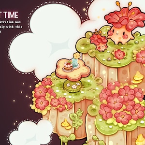 May include: A colourful digital illustration depicting a fantasy landscape with floral elements. The image features a table with a cake, cartoon creatures, and the text "Night Time". The colour scheme includes pink, green, and brown.