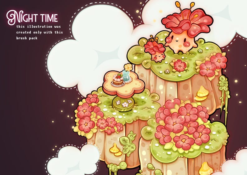 May include: A colourful digital illustration depicting a fantasy landscape with floral elements. The image features a table with a cake, cartoon creatures, and the text "Night Time". The colour scheme includes pink, green, and brown.