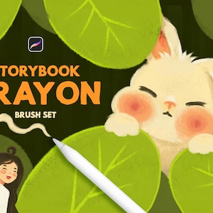 May include: A digital illustration featuring a white stylus drawing a wavy line amidst large green leaves. A small cream-colored rabbit with pink cheeks and a smiling person with dark hair are visible. The text reads STORYBOOK CRAYON BRUSH SET.