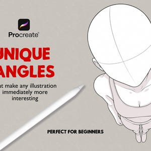 May include: A digital illustration guide featuring a high-angle line drawing of a figure in a tank top, a white stylus, and the text: Procreate, UNIQUE ANGLES that make any illustration immediately more interesting, and PERFECT FOR BEGINNERS.