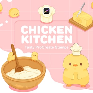 Puede incluir: Un conjunto de sellos digitales para Procreate con adorables pollos de dibujos animados en un entorno de cocina. Los sellos incluyen un tazón de caldo de pollo, un pollo con un gorro de chef y una barra de mantequilla. El texto "CHICKEN KITCHEN Tasty ProCreate Stamps" se muestra sobre un fondo rosa.