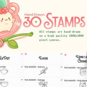 Op de afbeelding: Een digitale collectie van 30 handgetekende stempels met een roze theekopje met een klein wezentje, een sakurabloem en een lijst met stempelnamen waaronder Tea Pot, Flavor en Honey and Cookies op een canvas van 3000x3000 pixels.