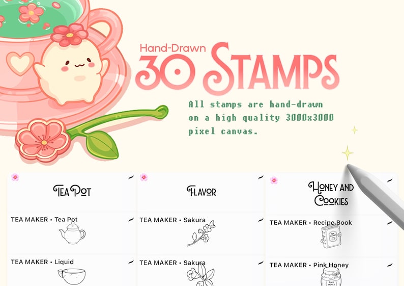 Op de afbeelding: Een digitale collectie van 30 handgetekende stempels met een roze theekopje met een klein wezentje, een sakurabloem en een lijst met stempelnamen waaronder Tea Pot, Flavor en Honey and Cookies op een canvas van 3000x3000 pixels.