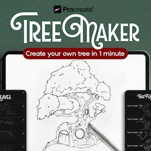 May include: A digital illustration tool for Procreate titled Tree Maker, featuring a central screen displaying a line art drawing of a tree with a door and windows, flanked by two side menus labeled Leaves and Tree Trunk with selection options.