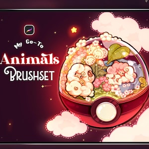 Puede incluir: Ilustración digital en una tableta que muestra un diseño "My Go-To Animals BRUSHSET". El diseño presenta un contenedor rojo y blanco con ovejas y flores de dibujos animados. El fondo es rojo oscuro con estrellas.