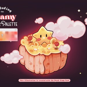 Może przedstawiać: Cyfrowa ilustracja przedstawiająca ż&oacute;łtą postać gwiazdy ze smutnym wyrazem twarzy, spoczywającą na teksturowanej brzoskwiniowej podstawie z małymi czerwonymi r&oacute;żami. Obraz zawiera r&oacute;żowe chmury oraz tekst Including the Dreamy COLOR PALETTE i This Illustration is created with the Brush Stamp Pack.