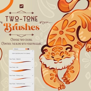Pode incluir: Uma ilustração digital de um tigre com padrões laranja e amarelos, com o texto "TWO-TONE Brushes", "CHOOSE TWO COLORS. CONTROL THE BLEND WITH YOUR PRESSURE.", e um menu listando "Two Tone - Sketch", "Ink", "Flowy Liner" e "Textured Liner".