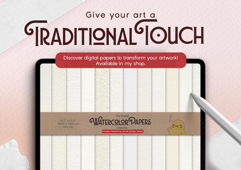 May include: A tablet screen displays a collection of digital watercolor papers with varying off-white textures. A brown band across the center features the text "The Digital Watercolor Papers Collection" and "16.7"x23.3" 5000x7000 px 300 DPI".