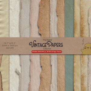 Puede incluir: Una colección de tiras verticales de papel texturizado en tonos beige, marrón, crema y verde apagado con bordes rasgados. Una banda horizontal muestra el texto The Digital Vintage Papers Collection, 16,7"x23,3", 5000x7000 px, 300 DPI y un pequeño pollito amarillo.