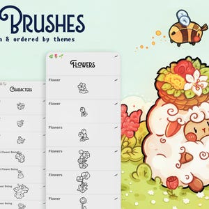 May include: Digital illustration of 55 hand-drawn brushes, organised by themes. The image features a sheep with a flower basket, a bee, and a list of brush categories like "Characters" and "Flowers".