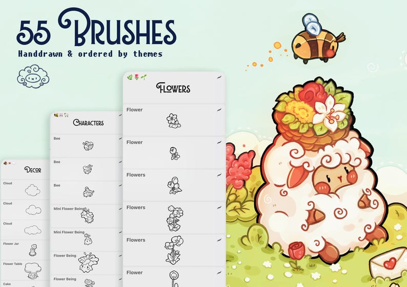 May include: Digital illustration of 55 hand-drawn brushes, organised by themes. The image features a sheep with a flower basket, a bee, and a list of brush categories like "Characters" and "Flowers".