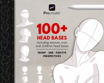 100+ Procreate Head Bases: Anatomy, Portraits, Front, Side, Fish Eye (Digital Art Brushes)