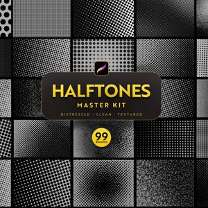 May include: A digital collection of 99 halftone pattern brushes featuring various dot sizes, gradients, and distressed textures. The central label reads HALFTONES MASTER KIT DISTRESSED CLEAN TEXTURED with a Procreate icon and a yellow 99 BRUSHES badge.