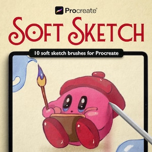 Puede incluir: Una pantalla de tableta digital muestra un personaje rosa con un sombrero rojo, sosteniendo un pincel y una paleta marrón. El texto dice Procreate, Soft Sketch y 10 soft sketch brushes for Procreate. Un lápiz óptico descansa en el borde.