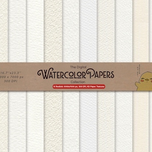 May include: A collection of fifteen vertical strips of white and off-white watercolour paper textures. A brown horizontal band across the centre features the text The Digital WATERCOLOR PAPERS Collection, 16.7"x23.3", 5000x7000 px, 300 DPI.