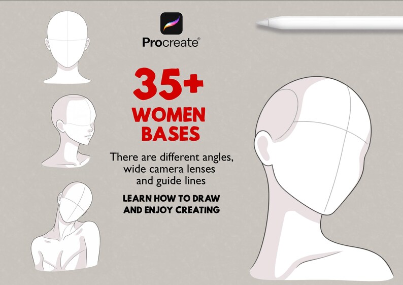 May include: A digital drawing guide featuring the Procreate logo and the text 35+ WOMEN BASES. The image displays multiple line art sketches of head and shoulder figures from various angles with guide lines, alongside a white digital stylus.