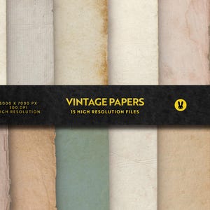 May include: A collection of fifteen textured vintage papers in various shades of beige, cream, tan, and muted green, displayed in vertical strips with a black banner featuring the text VINTAGE PAPERS 15 HIGH RESOLUTION FILES.