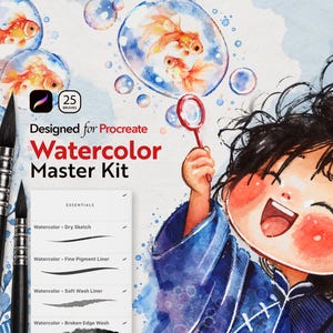 Op de afbeelding: Een digitale kunstset getiteld Watercolor Master Kit Designed for Procreate met 25 penselen. De afbeelding bevat een aquarelillustratie van een lachend personage dat bellen blaast met goudvissen, naast twee penselen en een lijst met penseelopties.