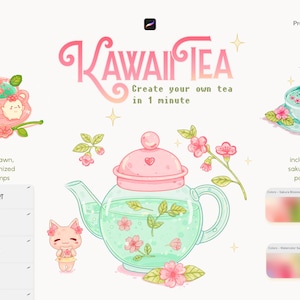 Op de afbeelding: Een digitale illustratieset genaamd Kawaii Tea met een roze en groene theepot, theekopjes en een klein kattenfiguurtje. De afbeelding bevat de tekst Create your own tea in 1 minute, 30 handgetekende penseelstempels en twee sakura-kleurenpaletten.