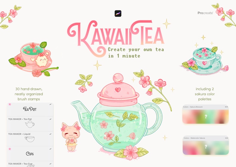 Op de afbeelding: Een digitale illustratieset genaamd Kawaii Tea met een roze en groene theepot, theekopjes en een klein kattenfiguurtje. De afbeelding bevat de tekst Create your own tea in 1 minute, 30 handgetekende penseelstempels en twee sakura-kleurenpaletten.