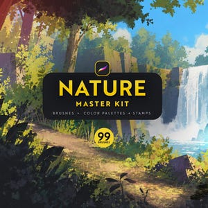 Op de afbeelding: Een digitaal kunst-assetpakket genaamd Nature Master Kit voor Procreate, met een levendig boslandschap met een waterval. De afbeelding bevat de tekst Nature Master Kit, Brushes, Color Palettes, Stamps en een gele badge met 99 Brushes.